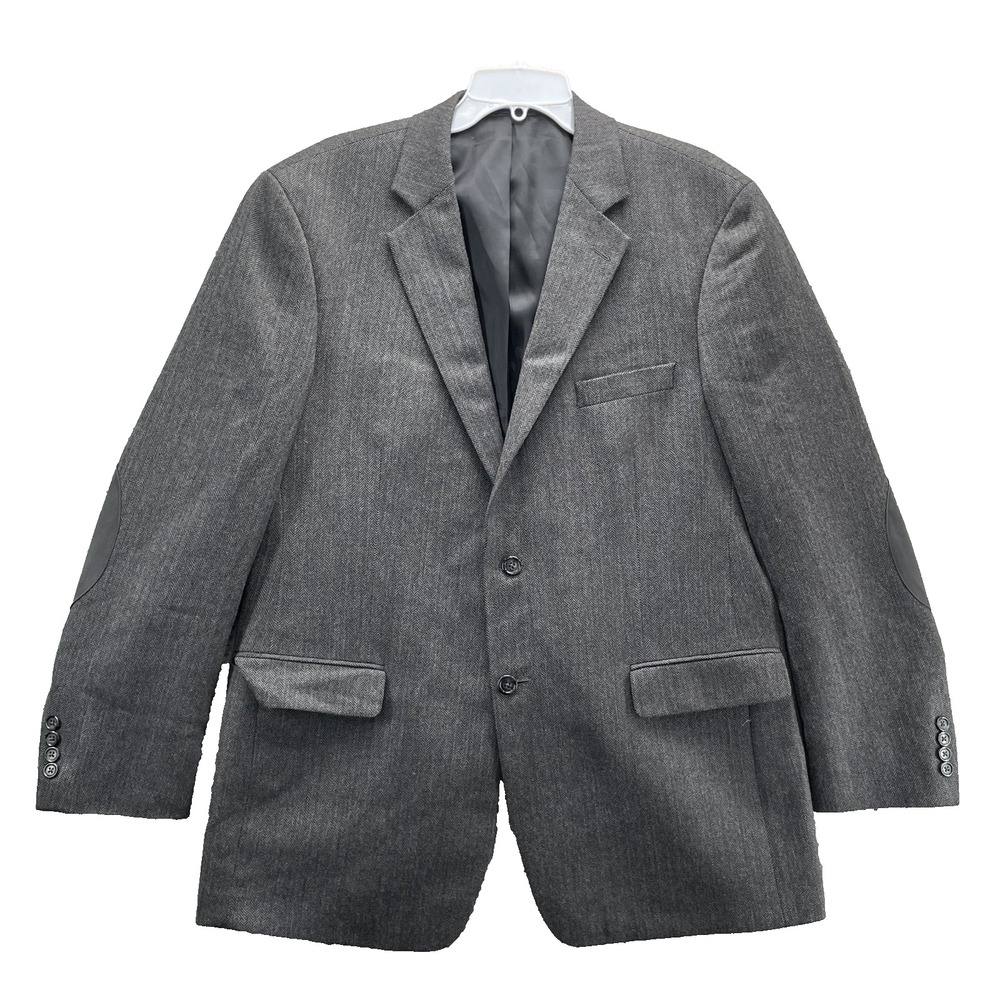 Stafford 100% Wool Blazer Men's 44L Herringbone Elbow Patch Corp Business Career